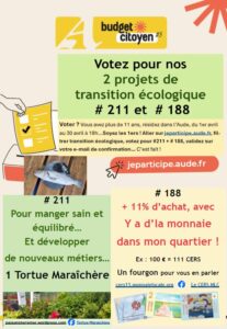 Votez nos 2 projets de transition 188 et 211 sur jeparticipe.aude.fr avant le 30 avril 25 à 18h